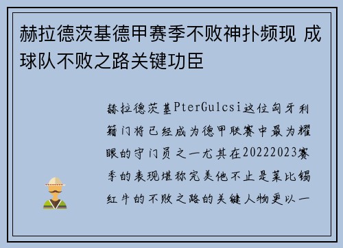 赫拉德茨基德甲赛季不败神扑频现 成球队不败之路关键功臣